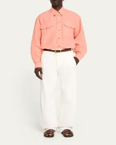Versace Men's Linen Medusa Metal-Trim Button-Down Shirt | Thumbnail 2