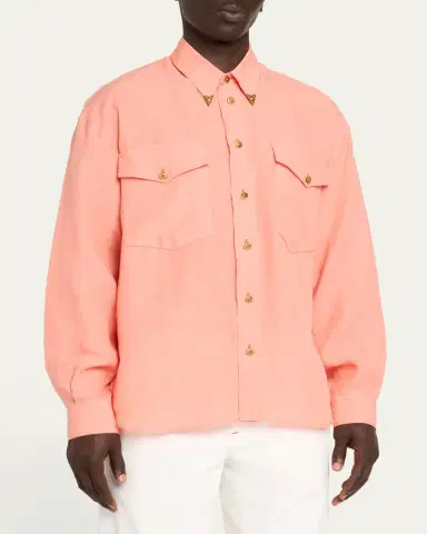 Versace Men's Linen Medusa Metal-Trim Button-Down Shirt | Thumbnail 4