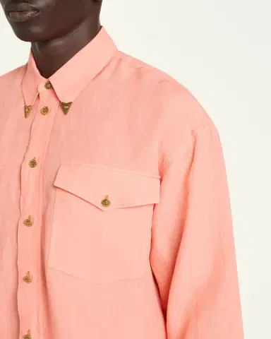 Versace Men's Linen Medusa Metal-Trim Button-Down Shirt | Thumbnail 5