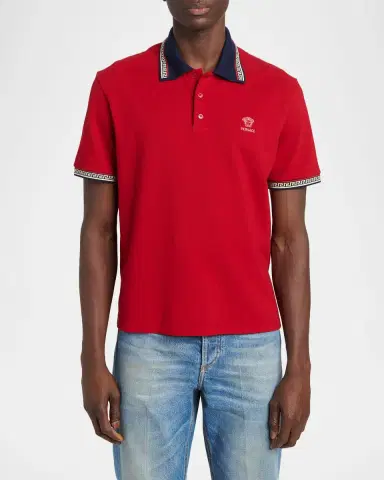 Versace Men's Greca-Trim Cotton Pique Medusa Polo Shirt | Thumbnail 3 Versace Men's Greca-Trim Cotton Pique Medusa Polo Shirt | Thumbnail 3