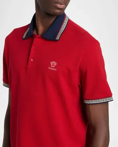 Versace Men's Greca-Trim Cotton Pique Medusa Polo Shirt | Thumbnail 4 Versace Men's Greca-Trim Cotton Pique Medusa Polo Shirt | Thumbnail 4