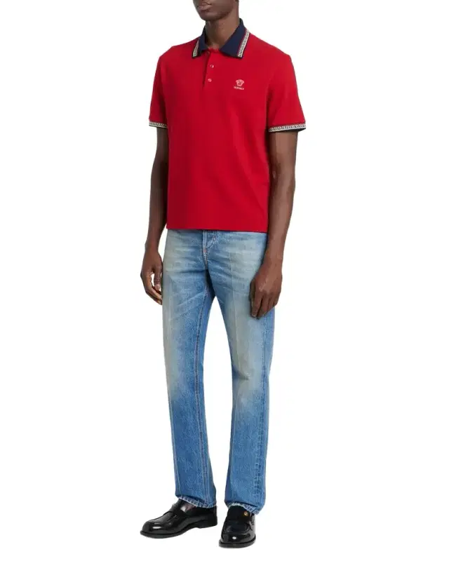 Versace Men 's Greca-Trim Cotton Pique Medusa Polo Shirt