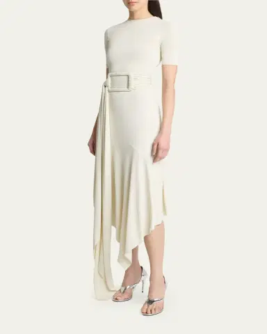 Alaïa Asymmetric Fluid Jersey Belted Midi Dress | Thumbnail 4