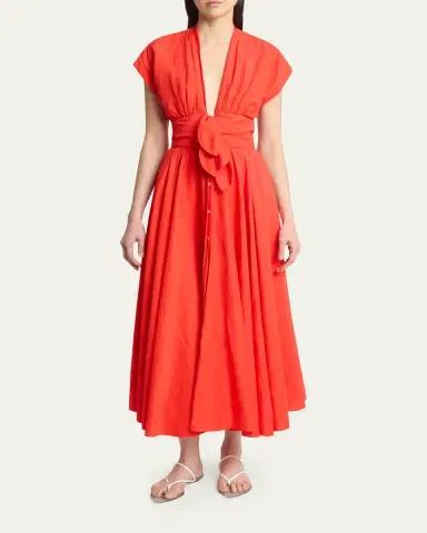 Alaïa Plunging Belted Linen Midi Dress | Thumbnail 2