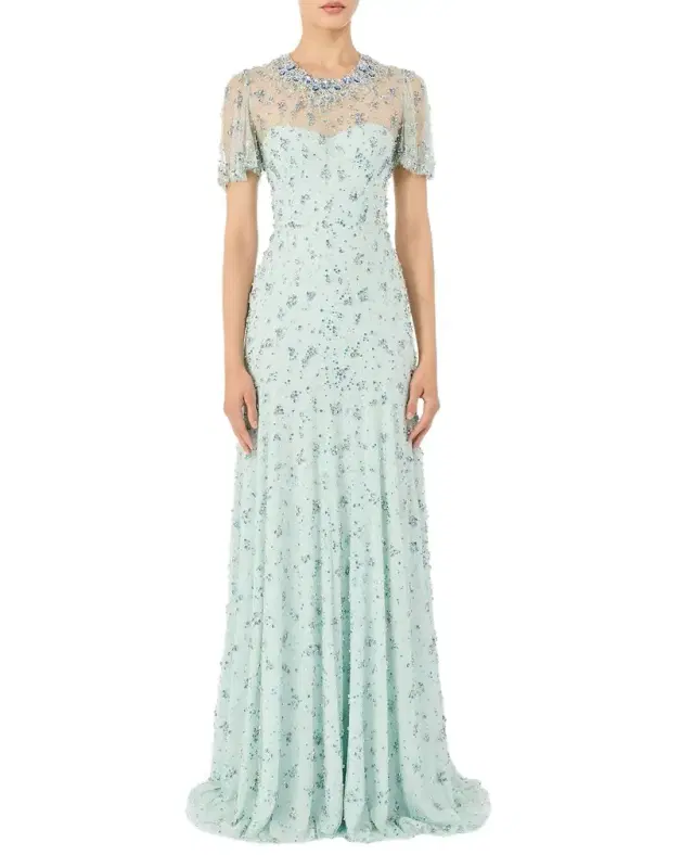 Ambiance Embellished Flutter-Sleeve Trumpet Gown