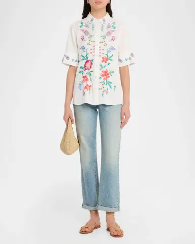 Johnny Was Vintage Floral-Embroidered Cotton Shirt | Thumbnail 2