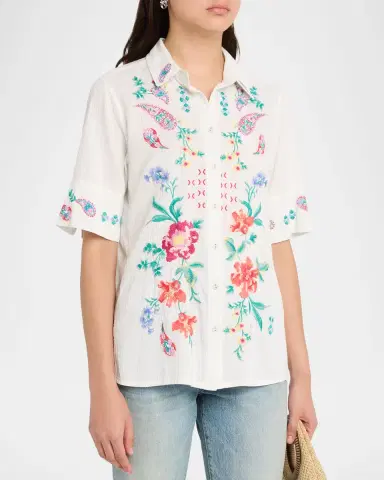Johnny Was Vintage Floral-Embroidered Cotton Shirt | Thumbnail 4