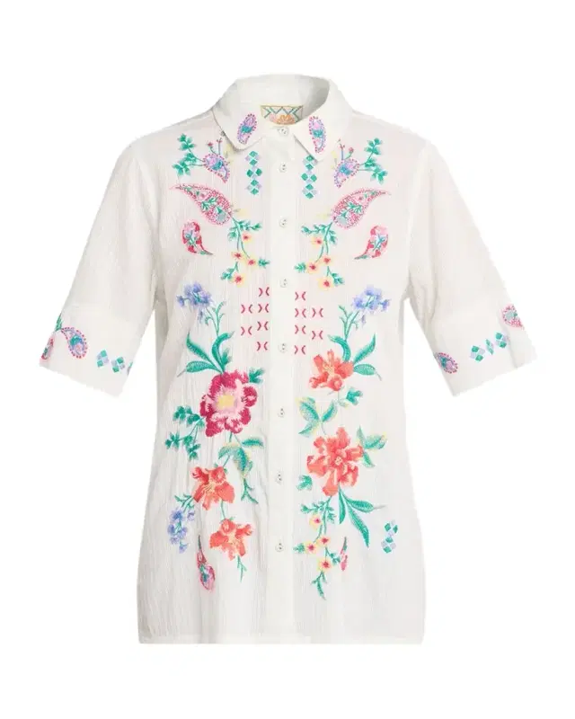 Johnny Was Vintage Floral-Embroidered Cotton Shirt