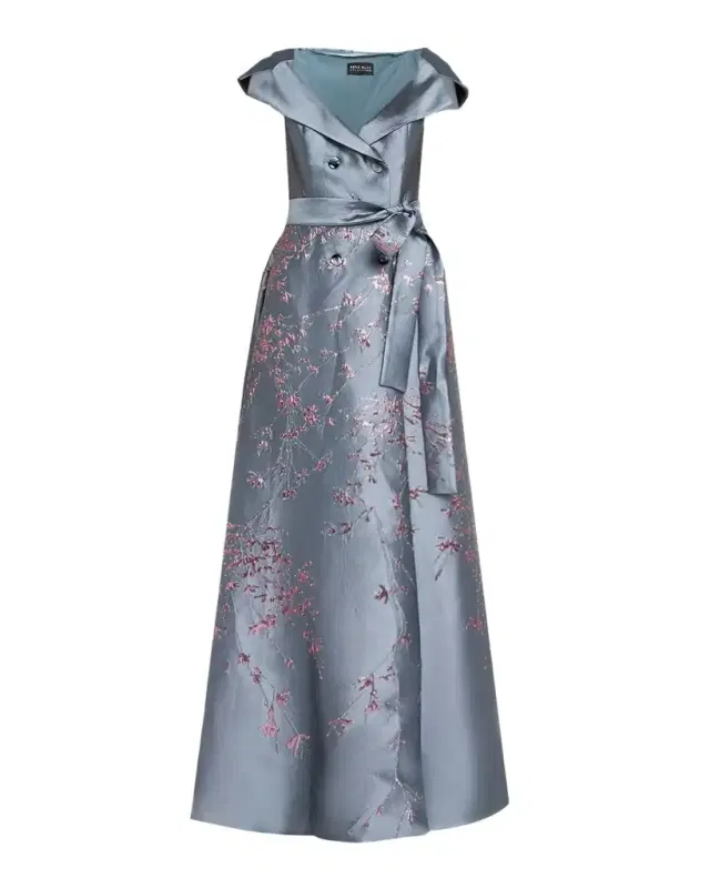 Rene Ruiz Collection Double-Breasted Metallic Jacquard Gown