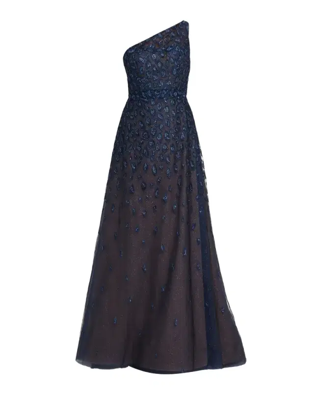 Rene Ruiz Collection Metallic Embroidered One-Shoulder Gown