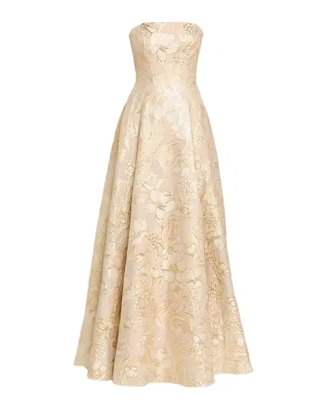 Strapless Metallic Floral Jacquard Gown