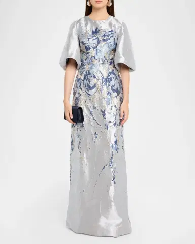 Rene Ruiz Collection Metallic Brocade Puff-Sleeve Column Gown | Thumbnail 2 Rene Ruiz Collection Metallic Brocade Puff-Sleeve Column Gown | Thumbnail 2