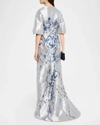 Rene Ruiz Collection Metallic Brocade Puff-Sleeve Column Gown | Thumbnail 3 Rene Ruiz Collection Metallic Brocade Puff-Sleeve Column Gown | Thumbnail 3