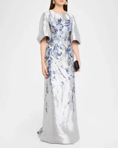 Rene Ruiz Collection Metallic Brocade Puff-Sleeve Column Gown | Thumbnail 4 Rene Ruiz Collection Metallic Brocade Puff-Sleeve Column Gown | Thumbnail 4