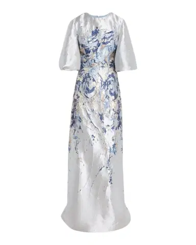 Rene Ruiz Collection Metallic Brocade Puff-Sleeve Column Gown | Thumbnail 1 Rene Ruiz Collection Metallic Brocade Puff-Sleeve Column Gown | Thumbnail 1