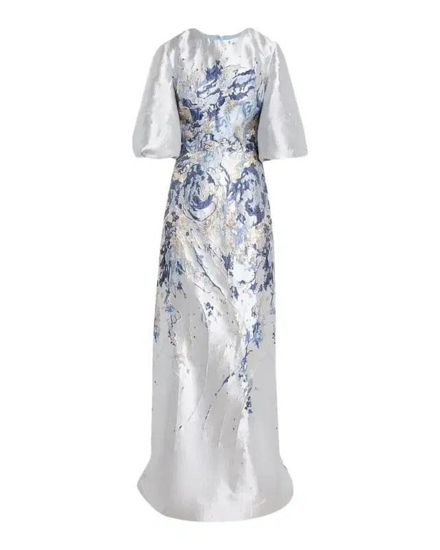 Rene Ruiz Collection Metallic Brocade Puff-Sleeve Column Gown