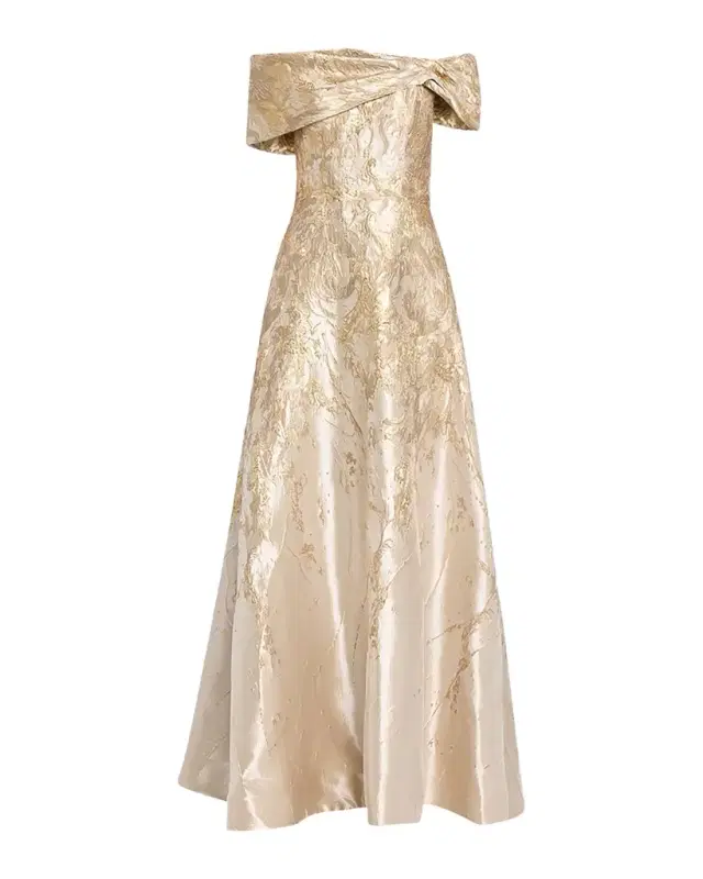 Rene Ruiz Collection Off-Shoulder Metallic Jacquard Gown