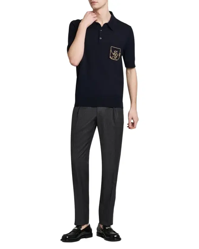 Men 's Pocket-Logo Wool Knit Short-Sleeve Polo Sweater