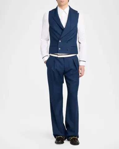 Alexander McQueen Men's Wool Stripe-Waistband Wide-Leg Pleated Trousers | Thumbnail 2