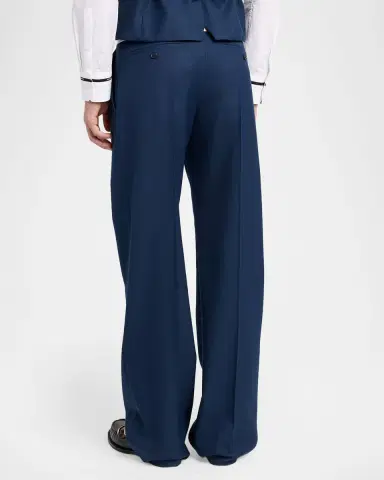 Alexander McQueen Men's Wool Stripe-Waistband Wide-Leg Pleated Trousers | Thumbnail 3