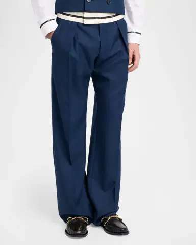 Alexander McQueen Men's Wool Stripe-Waistband Wide-Leg Pleated Trousers | Thumbnail 4