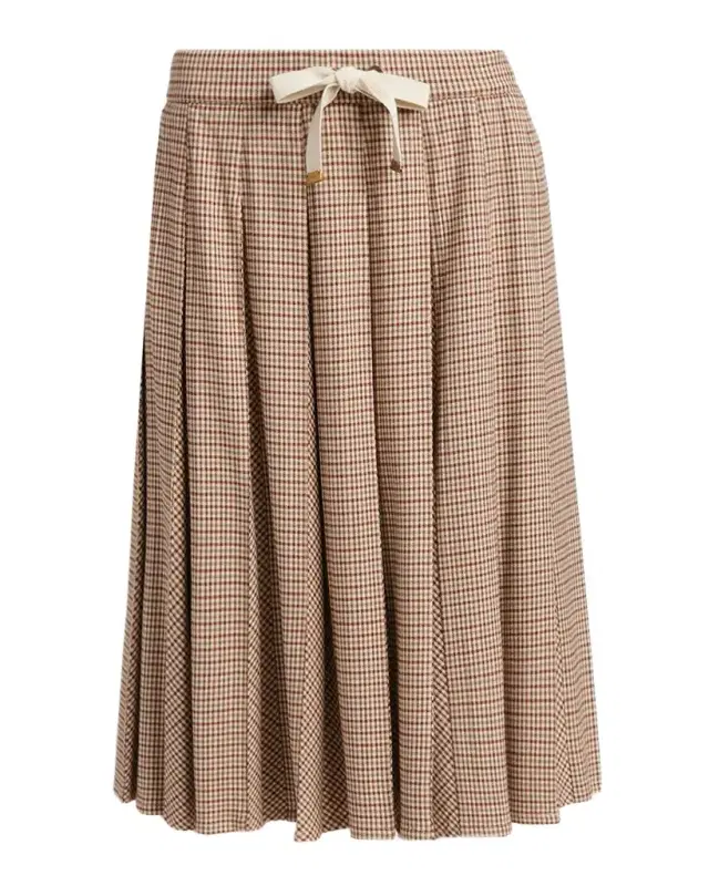 Check Pleated Wool Midi Skirt