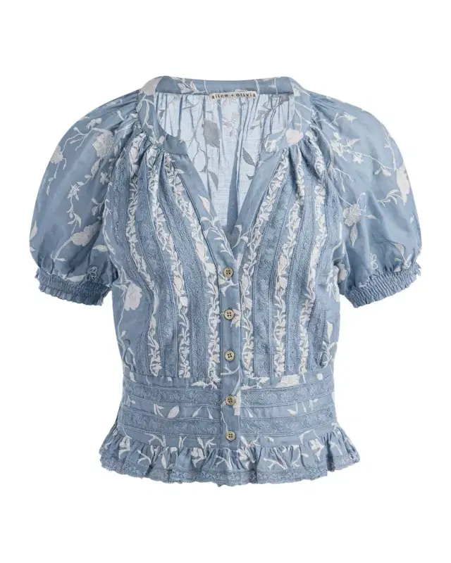 ALICE + OLIVIA Kathryn Embroidered Short-Sleeve Blouse