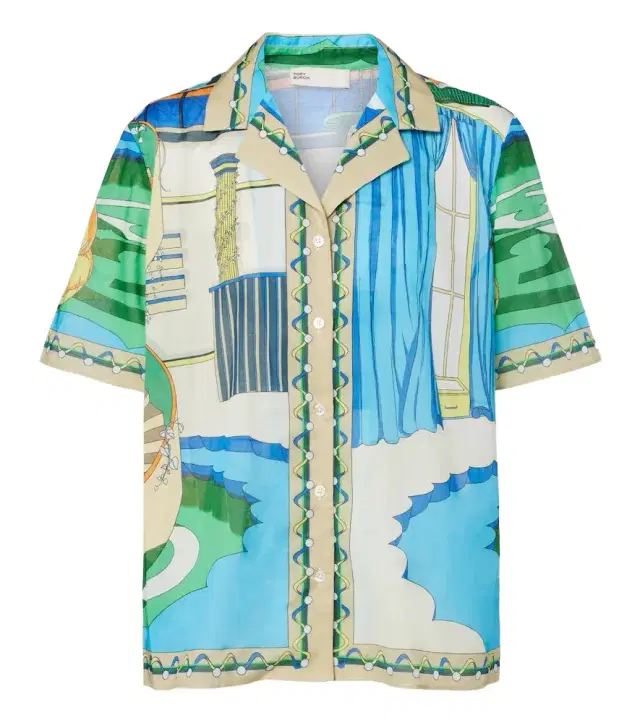 Printed cotton poplin bowling shirt