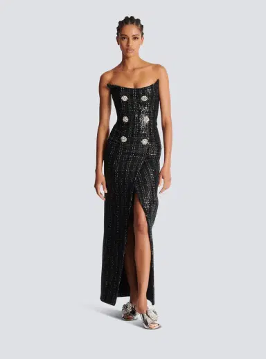 Balmain Strapless Long Tweed Dress with Glitter | Thumbnail 2