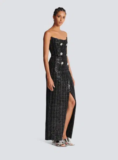 Balmain Strapless Long Tweed Dress with Glitter | Thumbnail 3