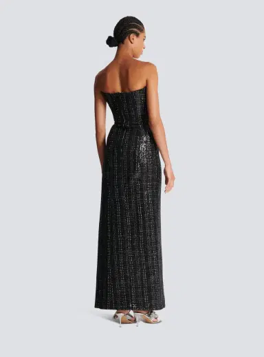 Balmain Strapless Long Tweed Dress with Glitter | Thumbnail 4