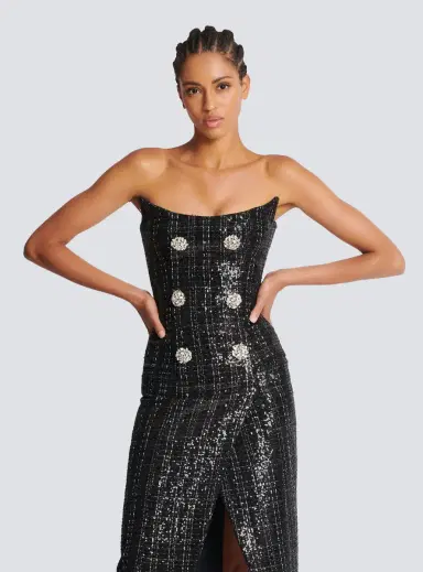 Balmain Strapless Long Tweed Dress with Glitter | Thumbnail 5