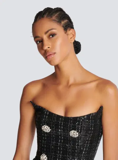 Balmain Strapless Long Tweed Dress with Glitter | Thumbnail 6