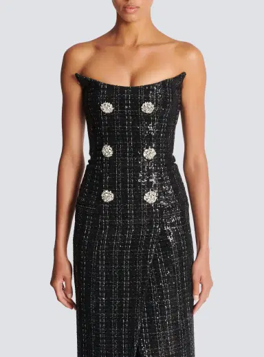 Balmain Strapless Long Tweed Dress with Glitter | Thumbnail 7