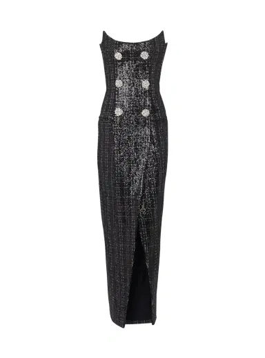 Balmain Strapless Long Tweed Dress with Glitter | Thumbnail 1