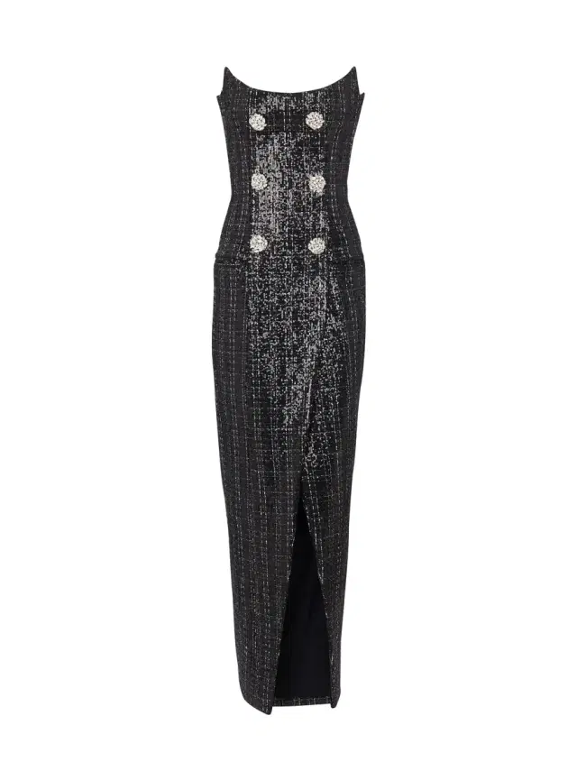 Balmain Strapless Long Tweed Dress with Glitter