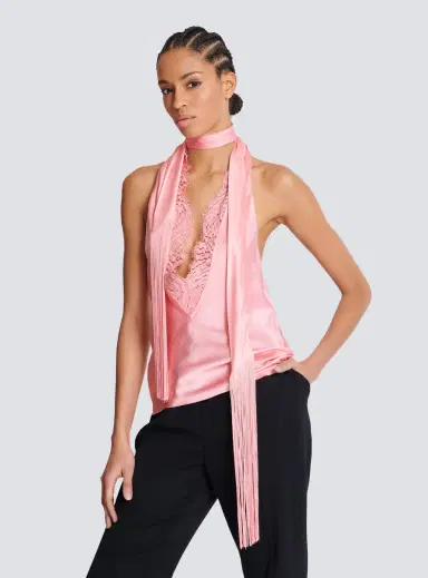 Balmain Backless fringed satin top | Thumbnail 5