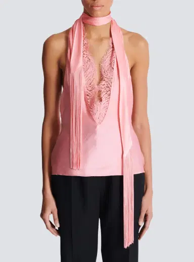Balmain Backless fringed satin top | Thumbnail 7