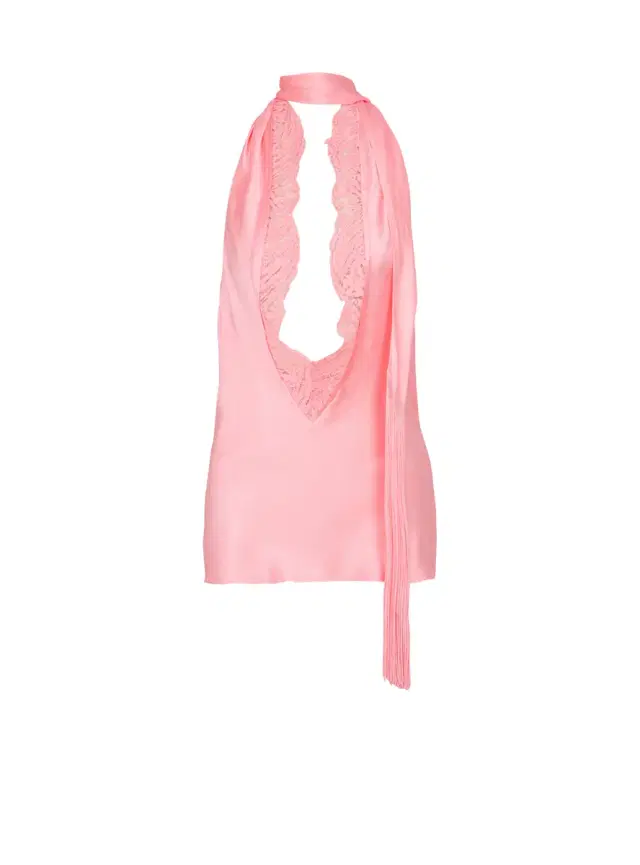 Balmain Backless fringed satin top