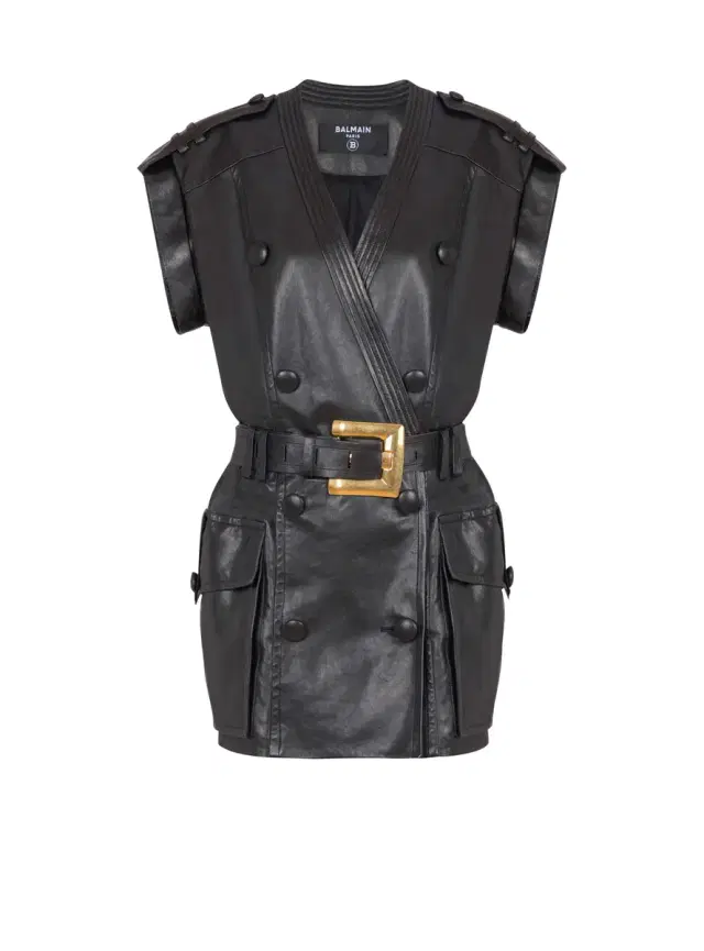 Balmain Lambskin leather short belted dress