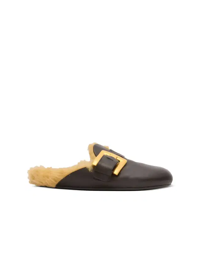 Balmain Flat leather and faux fur mules