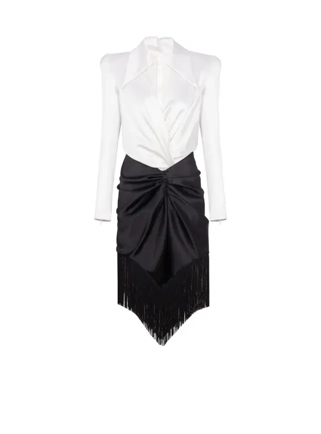 Draped and fringed satin tailored dress
