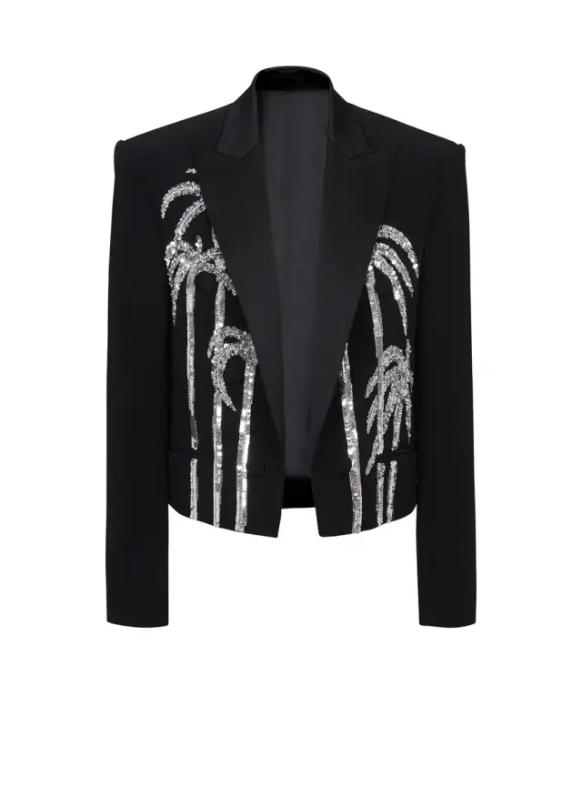 Cropped crepe jacket with palm tree embroidery