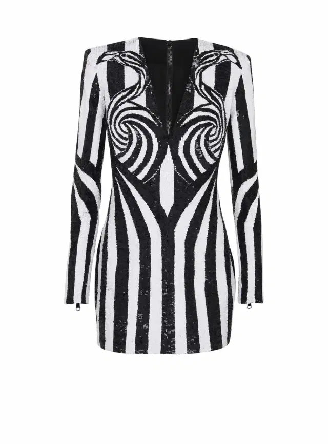 Balmain Ls Embroidered Stripe Short Dress