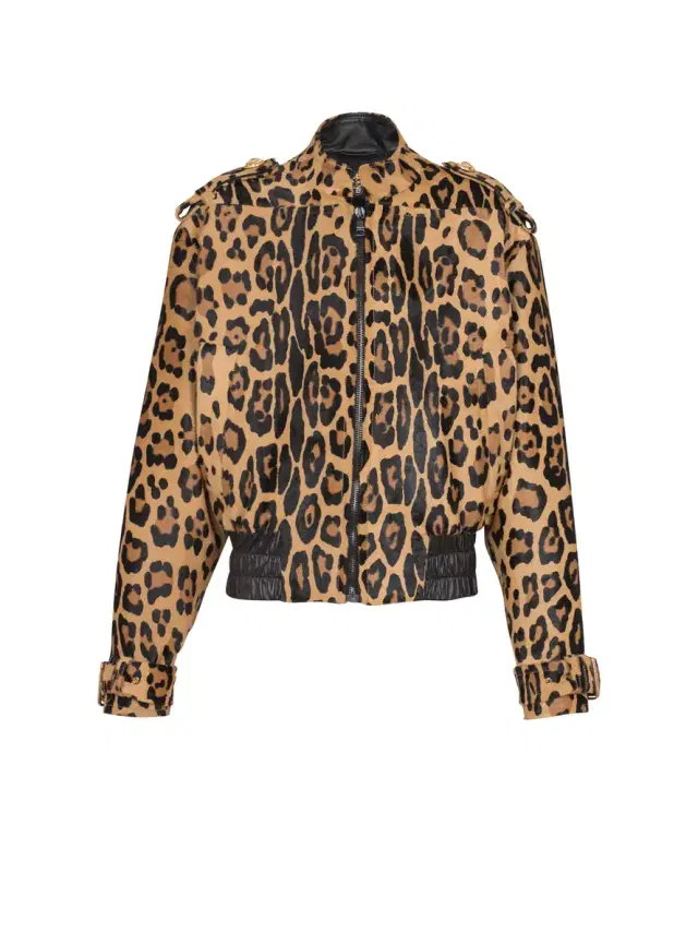 Balmain Ponyskin-style leather bomber jacket with leopard pattern