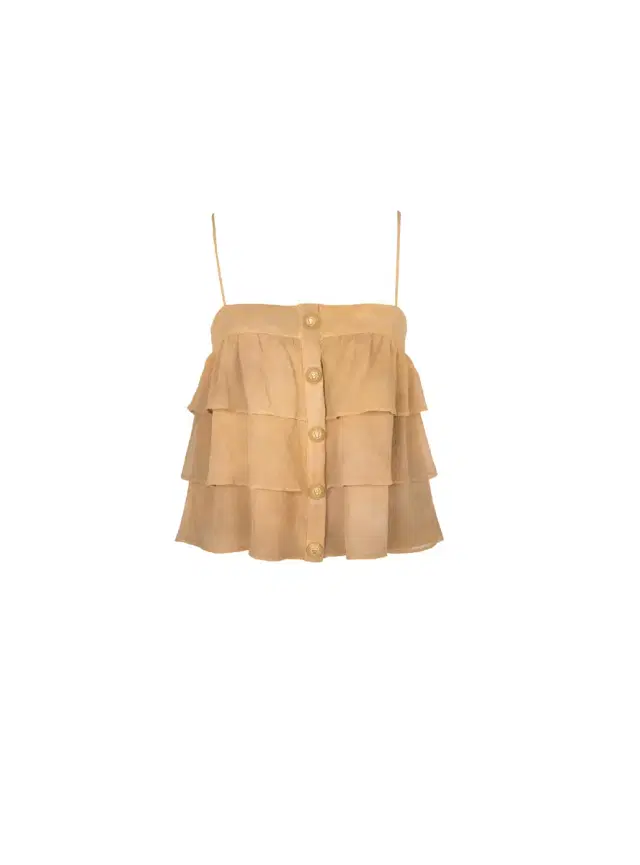 Strappy silk top with tie-dye ruffles