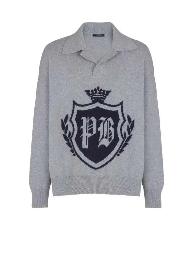 Balmain College Emblem polo sweater in eco-cashmere