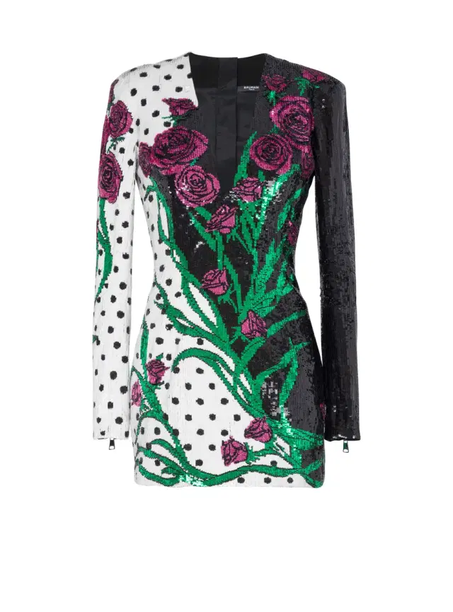 Balmain Short embroidered Roses and Polka Dots dress