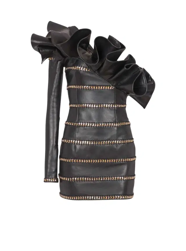 Balmain Asymmetric leather bodycon dress with chains