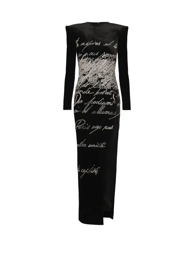 Balmain Long-sleeve love letter embroidered slit maxi dress